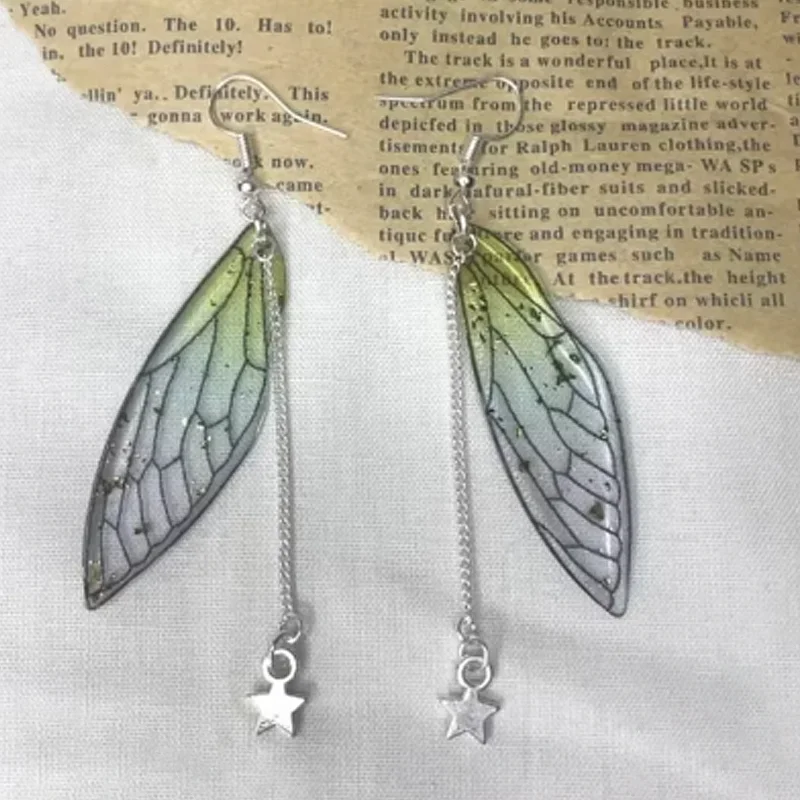 Green fairy wing star charm earrings fairycore fairy grunge goblin core cottage forest witchy witch celestial