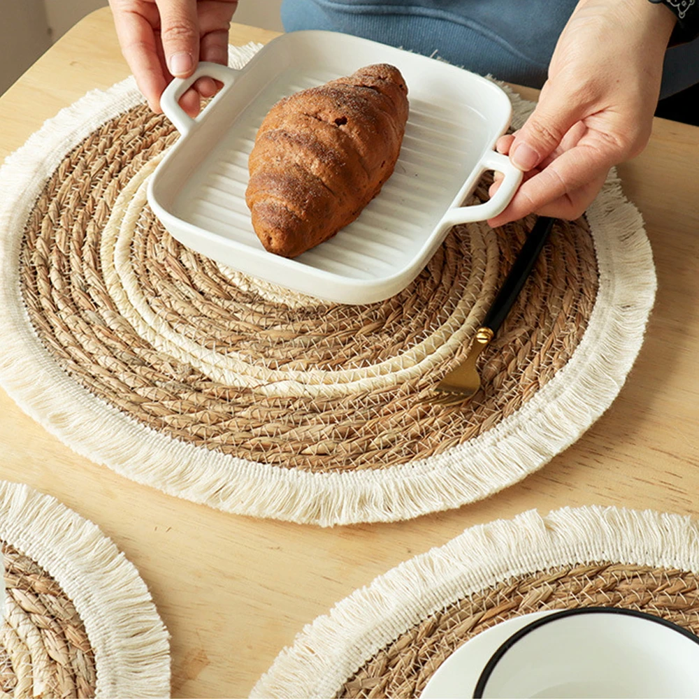 

Round Natural Wicker Cotton Woven Tassels Placemat Plate Water Straw Braided Tablemats Rattan Weave Dining Table Dinner Mat