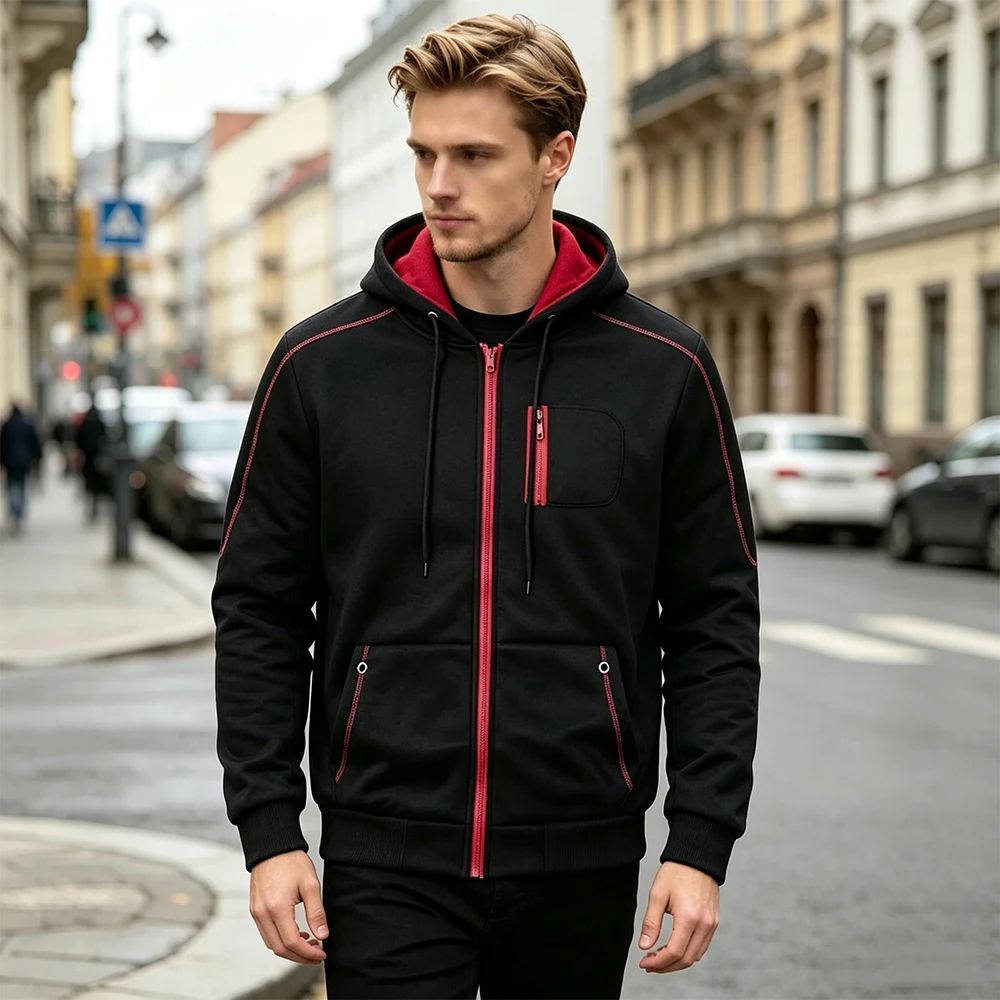 Men Full Zip Up Hoodie Jacket Multi Pockets Zipper Chest Pocket Long Sleeve Casual Sports Outerwear For Daily Workout Streetwear