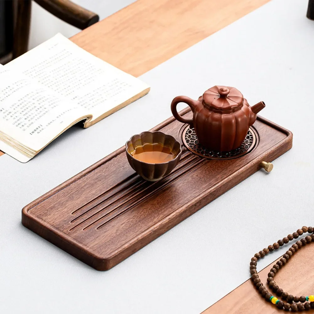 Solid Black Walnut Wood Tea Tray Water Drainage Spout Japanese‑style Dry‑wet Dual‑use Tea Serving Tray for Tea Table