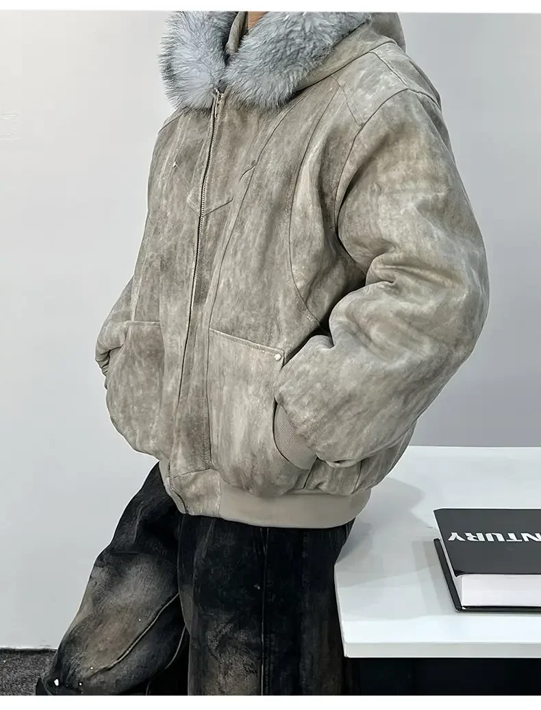 Outdoor Style Jacket Thickens Comfortable Parkas Winter Men's Cotton Jacket with Fur Collar Embroidery and Tie-dye Design Parkas