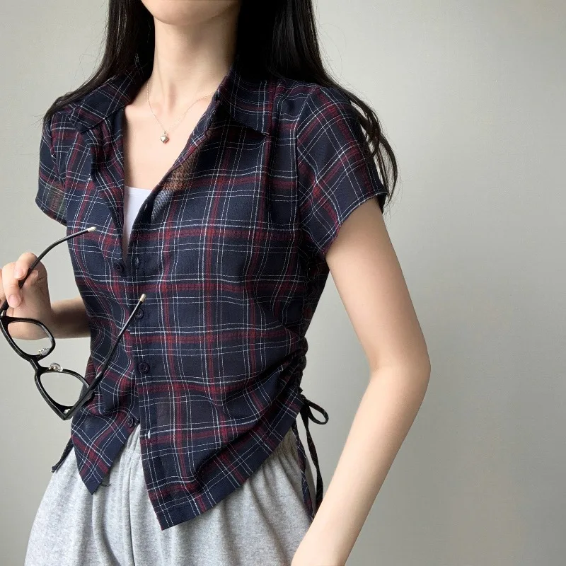 

Chic Korean Style Shirt Women's Short Sleeve Single Button Design Gathered Hem Rope Drawstring Versatile Top Summer 2026