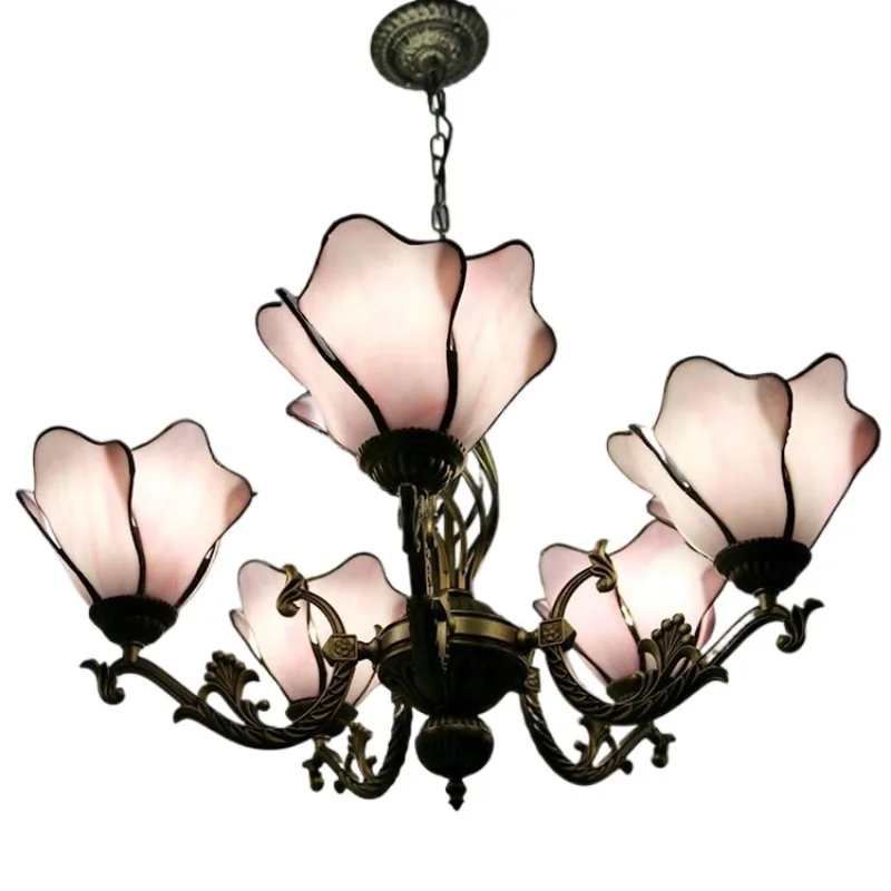 

Stained glass lamp, chandelier, petal shade (pink) with iron suspension