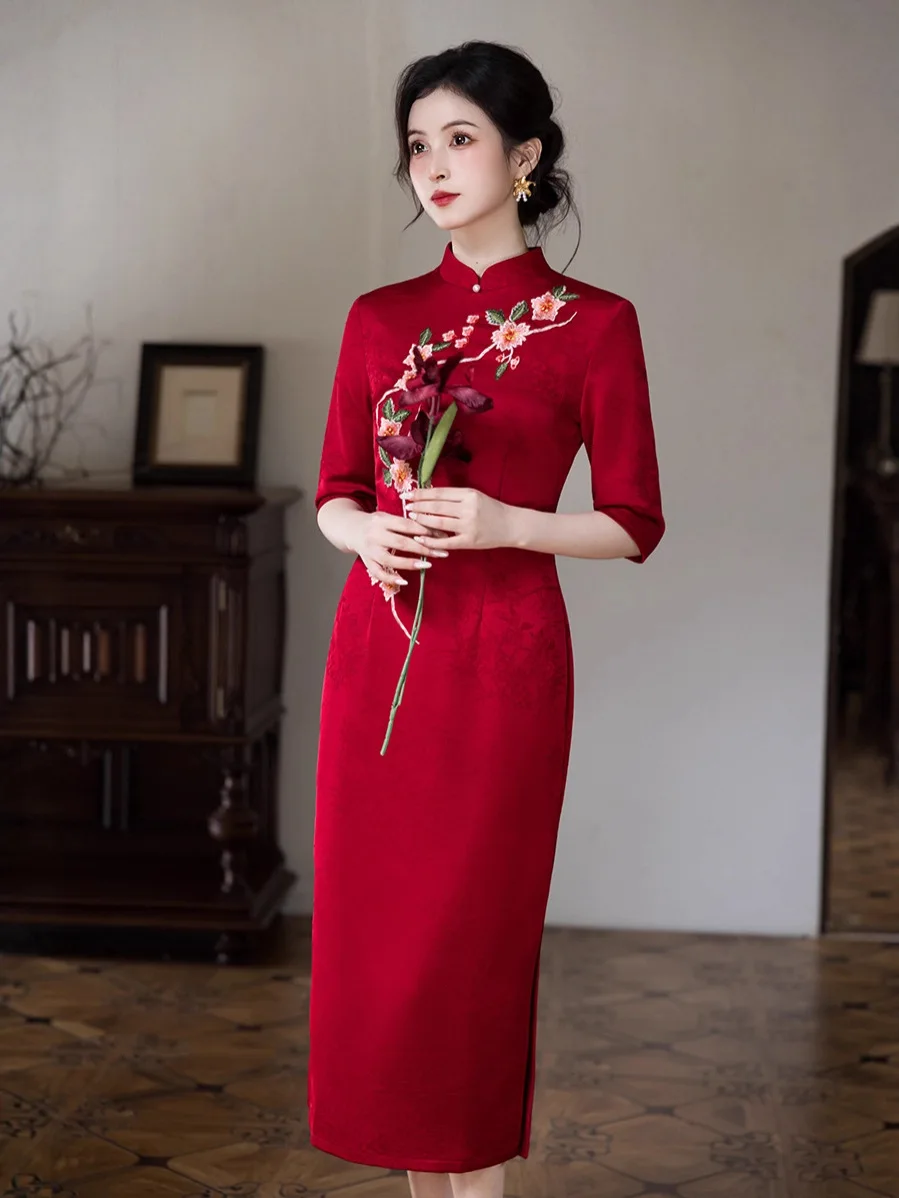 جديد تشيباو 2025 طبعة الخريف/الشتاء النمط الصيني مزاجه أنيقة طويلة محبوك الجاكار فستان التخسيس #3