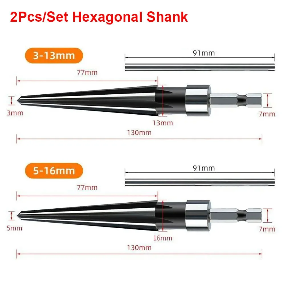 

Набор из 2 конических разверток из углеродистой стали с шестигранным хвостовиком, 3-13 мм и 5-16 мм, ручной, с круглым хвостовиком