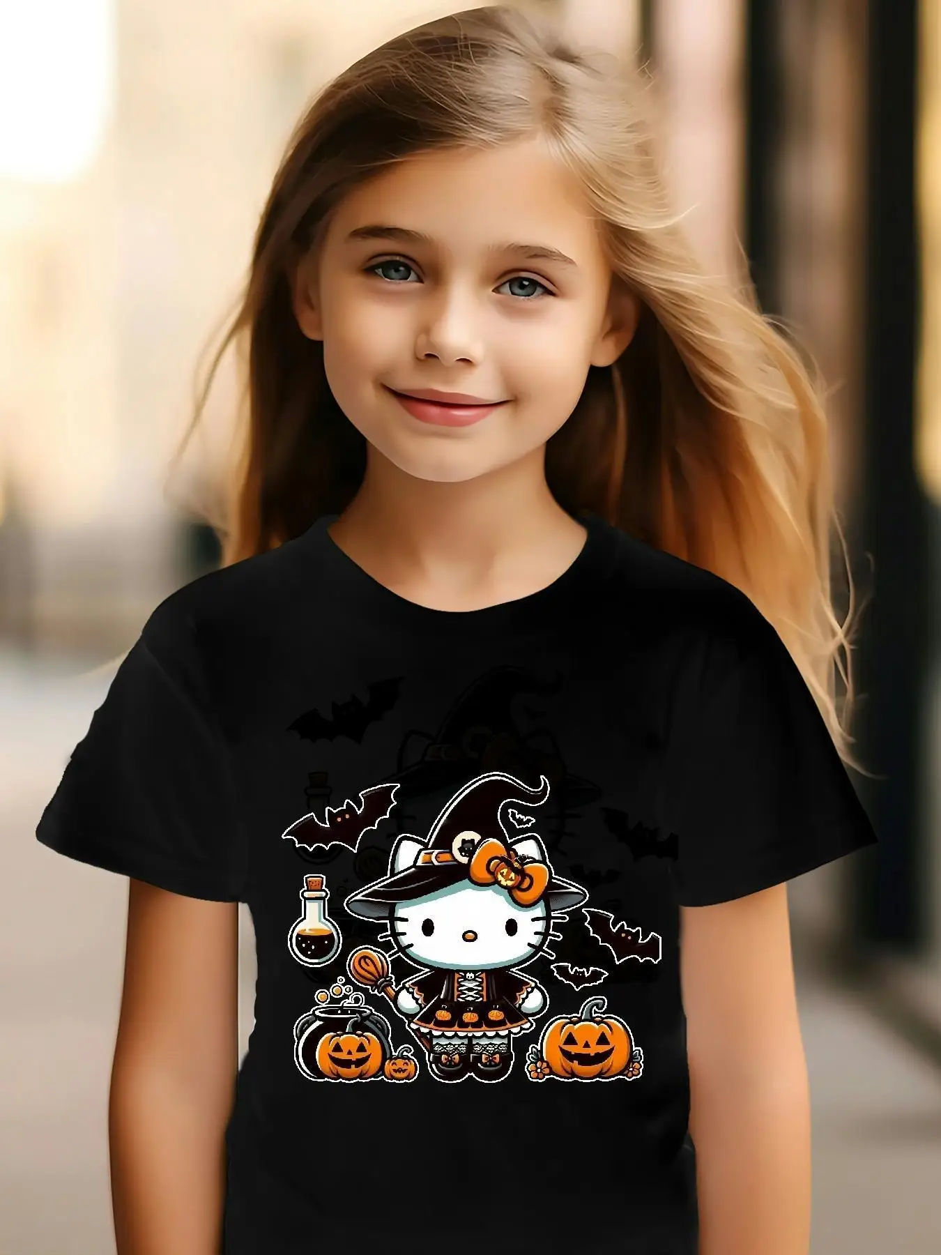 

Hello Kitty Halloween Girls T-Shirt Black Short Sleeves Crew Neck Red Bow Pumpkin Pattern Casual Playful Print Holiday Top