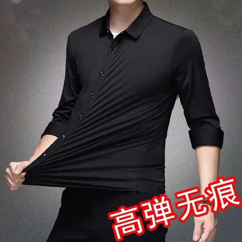 High Elasticity Men's Dress Shirt Casual Solid Color Non-iron Sommth Seamless Top Quality Slim Luxury Social Black Formal Shirts