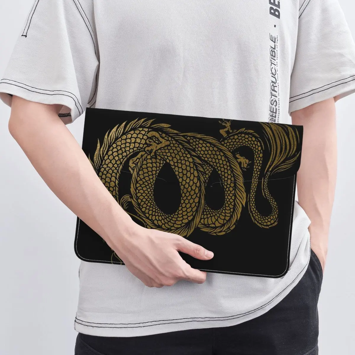 Golden Dragon Pattern PU Leather Horizontal Laptop Sleeve Shockproof Soft Lining Notebook Case 13 Inch