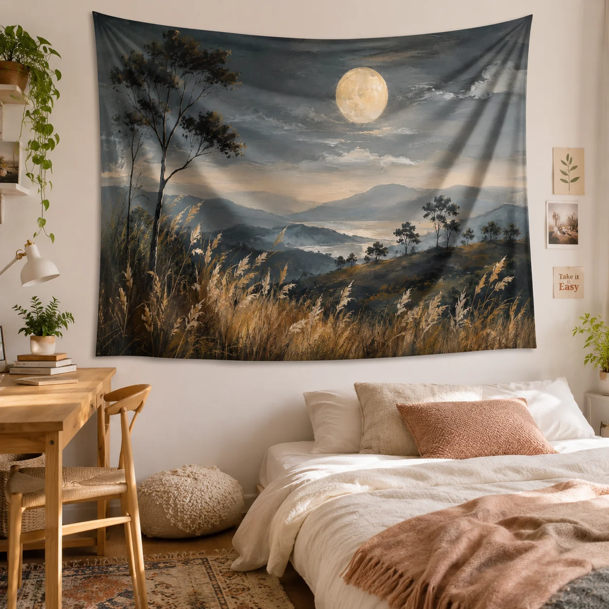 Moon Mountain Reed Landscape Wall Tapestry Neutral Vintage Tree Wall Hanging Aesthetic Bedroom Home