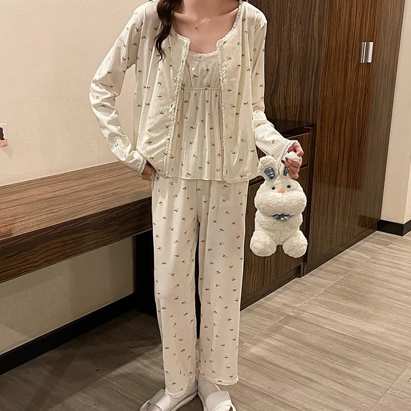 New Ladies Pajamas Set 3Pcs Cardigan+Camisole+Pants Cotton Femme Sleepwear Spring Autumn Comfort Loose Homewear