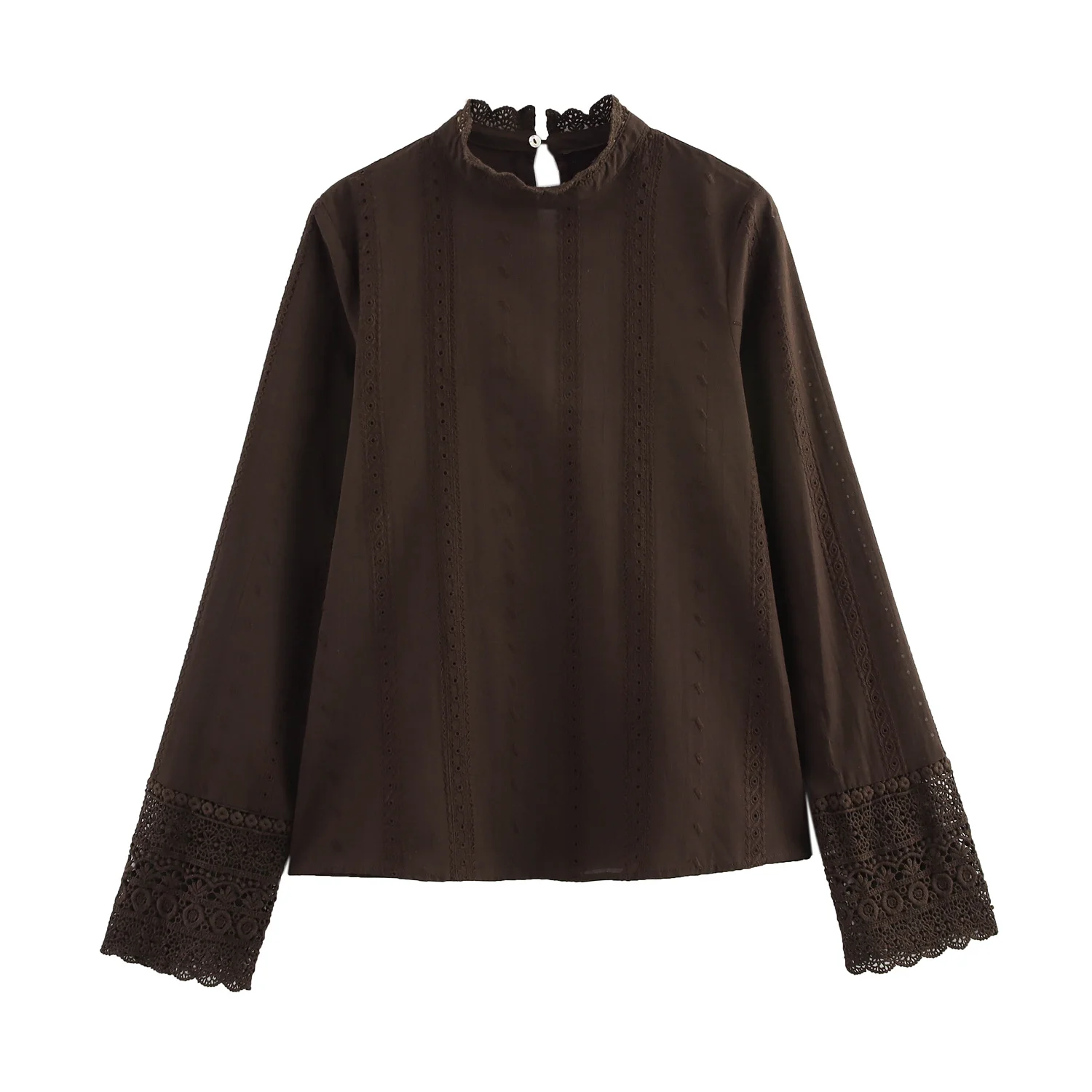 

Taop&Za Women's 2025 Spring and Summer New Cotton Hollow Embroidery Blouse Fashion Stand Collar Long Sleeve Shirt 8351026