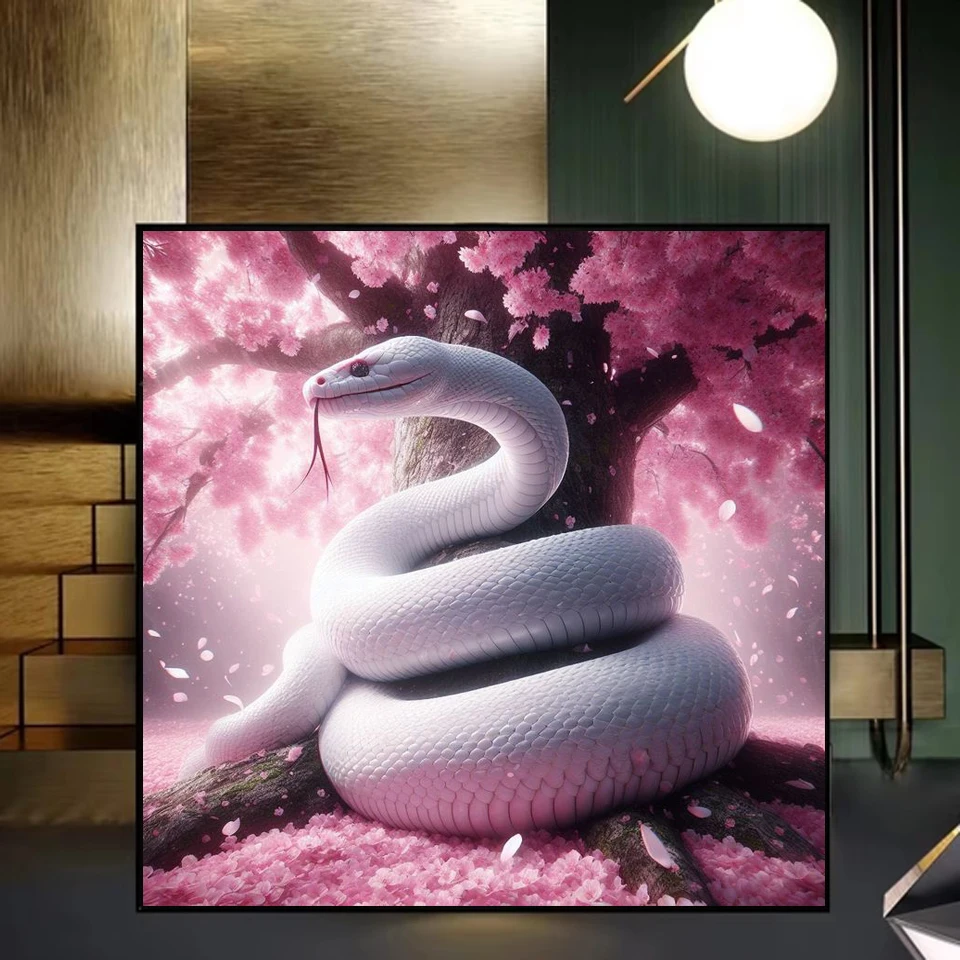 2025 جديد الماس التطريز هدية DIY زودياك الأبيض الأفعى الماس الفسيفساء 5D حجر الراين أزهار الكرز عبر غرزة ديكور المنزل