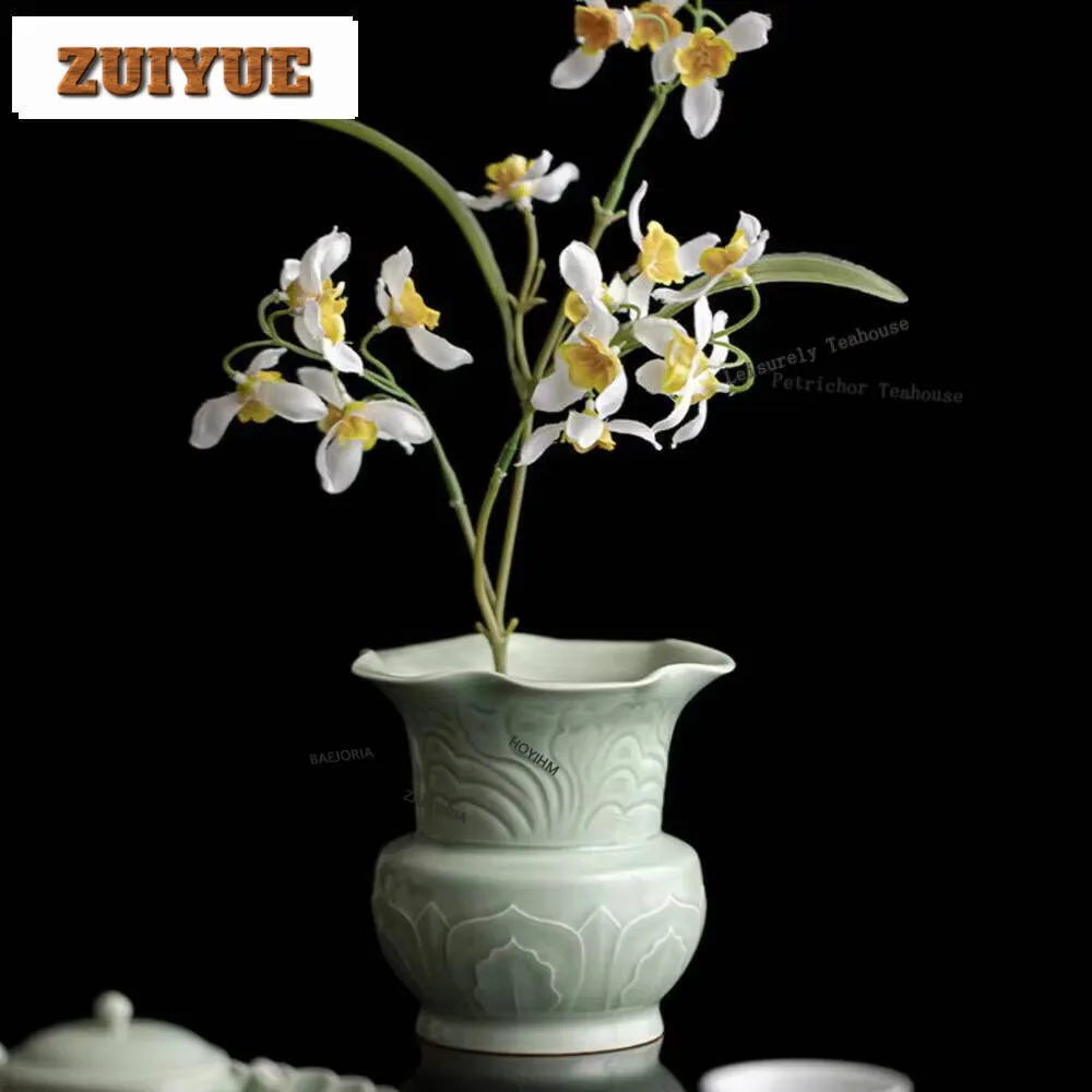 

480Ml Handmade Bean Green Glaze Tea Washing Basin Lotus Petal Jianshui Wash Writing-Brush Residue Bucket Chaxi Crafts
