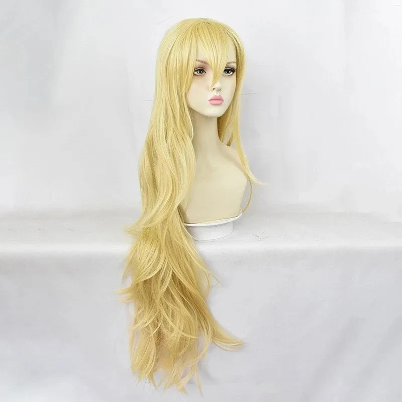 女性用ウィッグ-ロング-イエロー-カーリー-ウェーブのかかった合成毛ウィッグ