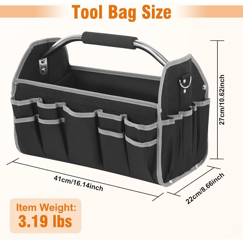 26-Pocket Electrician Tool Bag Top Opening Design Steel Handle Storage Bag Multi-Compartment Organizer for Professional Mechanic