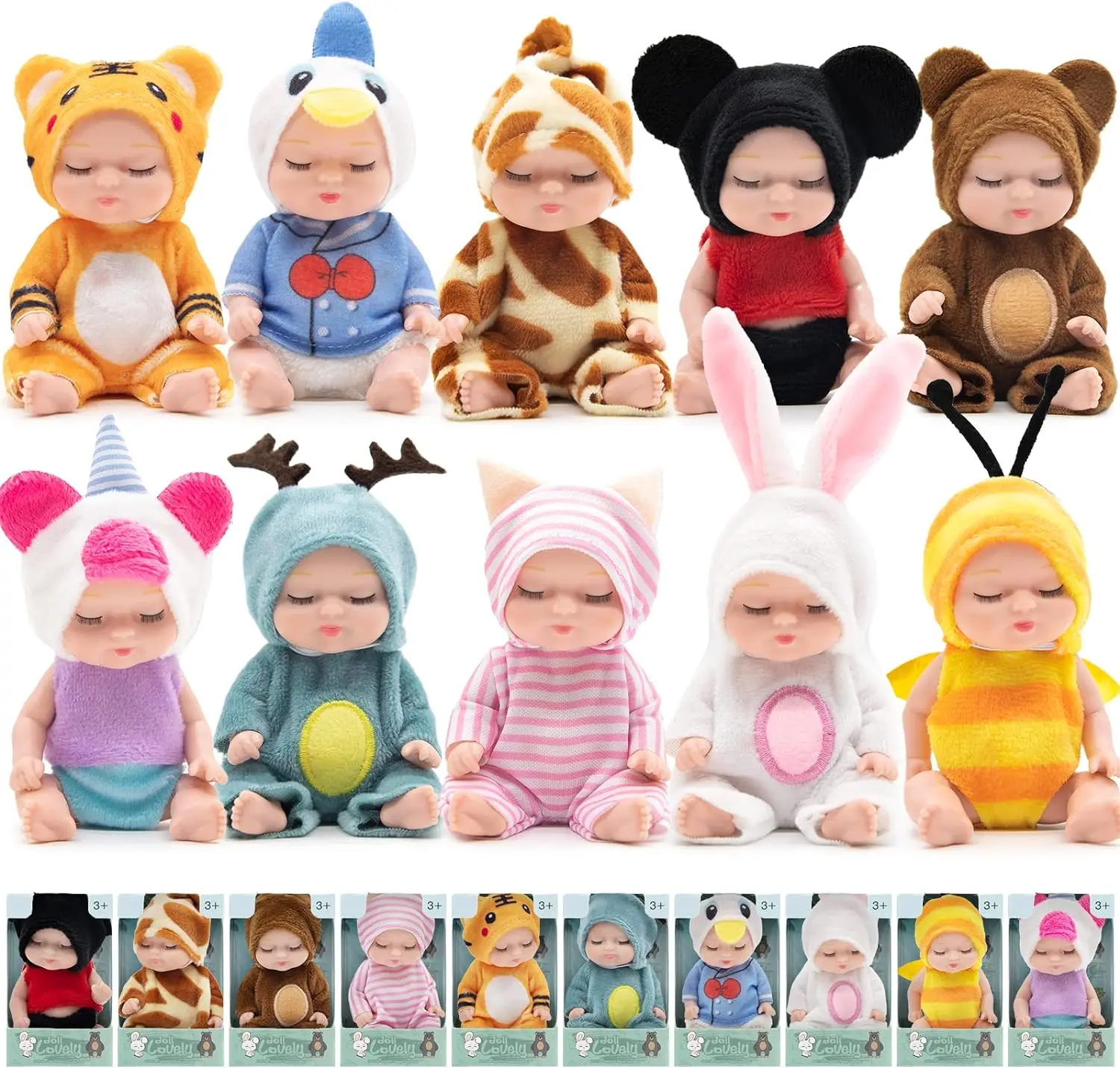 10 Pcs 4 Inch Mini Reborn Baby Dolls Realistic Baby Dolls Washable Tiny Babies with Animal Clothes Cute Baby Alive Doll Gifts