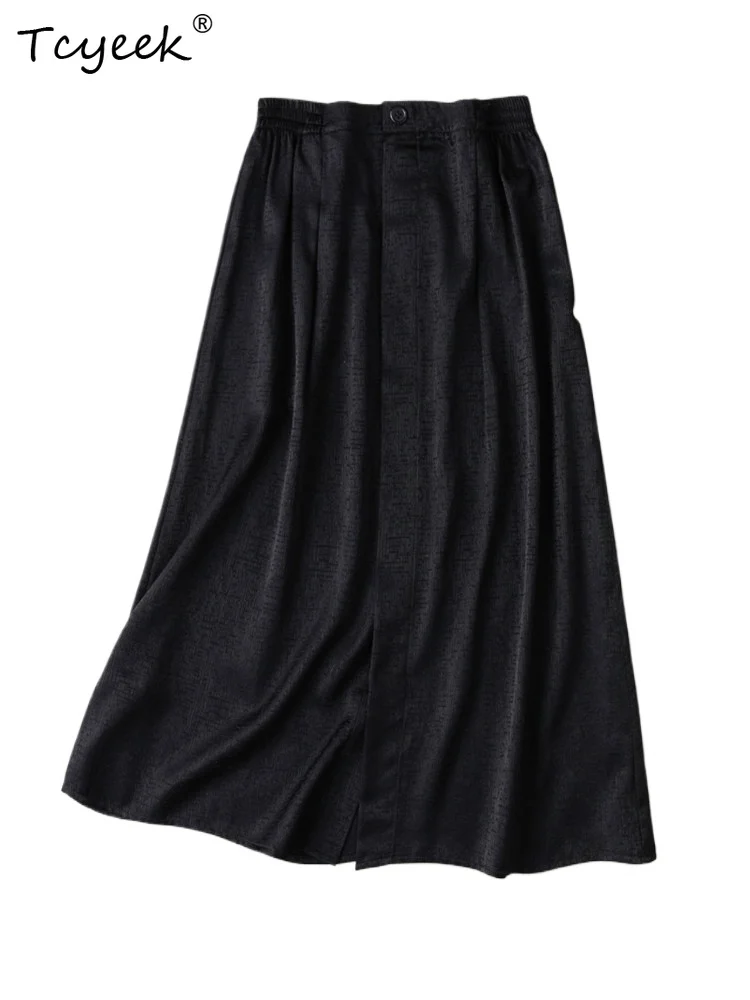 Tcyeek 20MM 93% Real Silk Beach Skirts Elegant Skirt for Woman Summer Clothes Black Skirt Women Elastic Waist Cool Jupe Femme