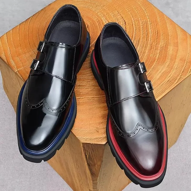 

Мужские туфли-монки из лакированной кожи с двойной пряжкой, на толстой нескользящей подошве, с квадратным носком, для официальных мероприятий