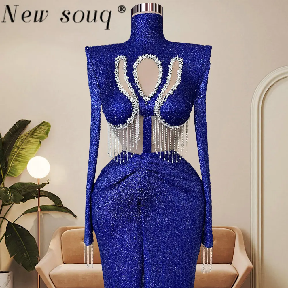 Fashion Glitter Royal Blue Muslim Evening Dresses with Front Slit Classy Black Girls High Neck Long Sleeves Mermaid Party Gowns