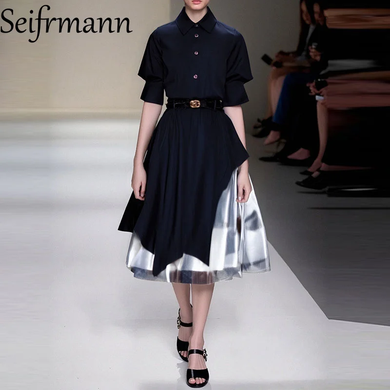 

Seifrmann Hot selling women's single breasted dark blue shirt paired with blue printed irregular skirt set with leather belt