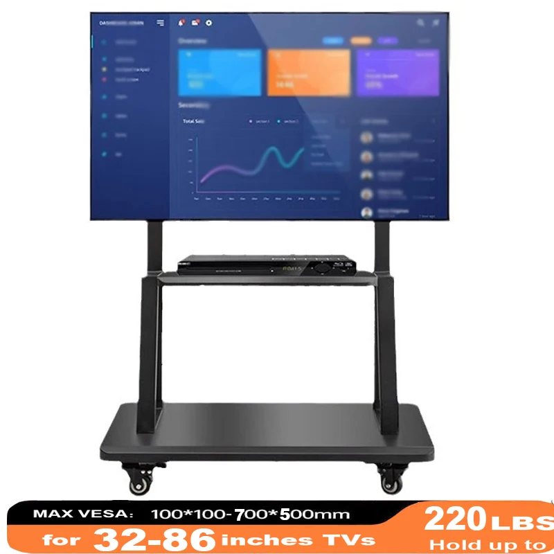 Mobile TV Stand for 32-86” TVs,Tilt TV Cart Holds up to 220 Lbs Portable Stand with Storage Shelf Rolling Floor VESA 700x500mm