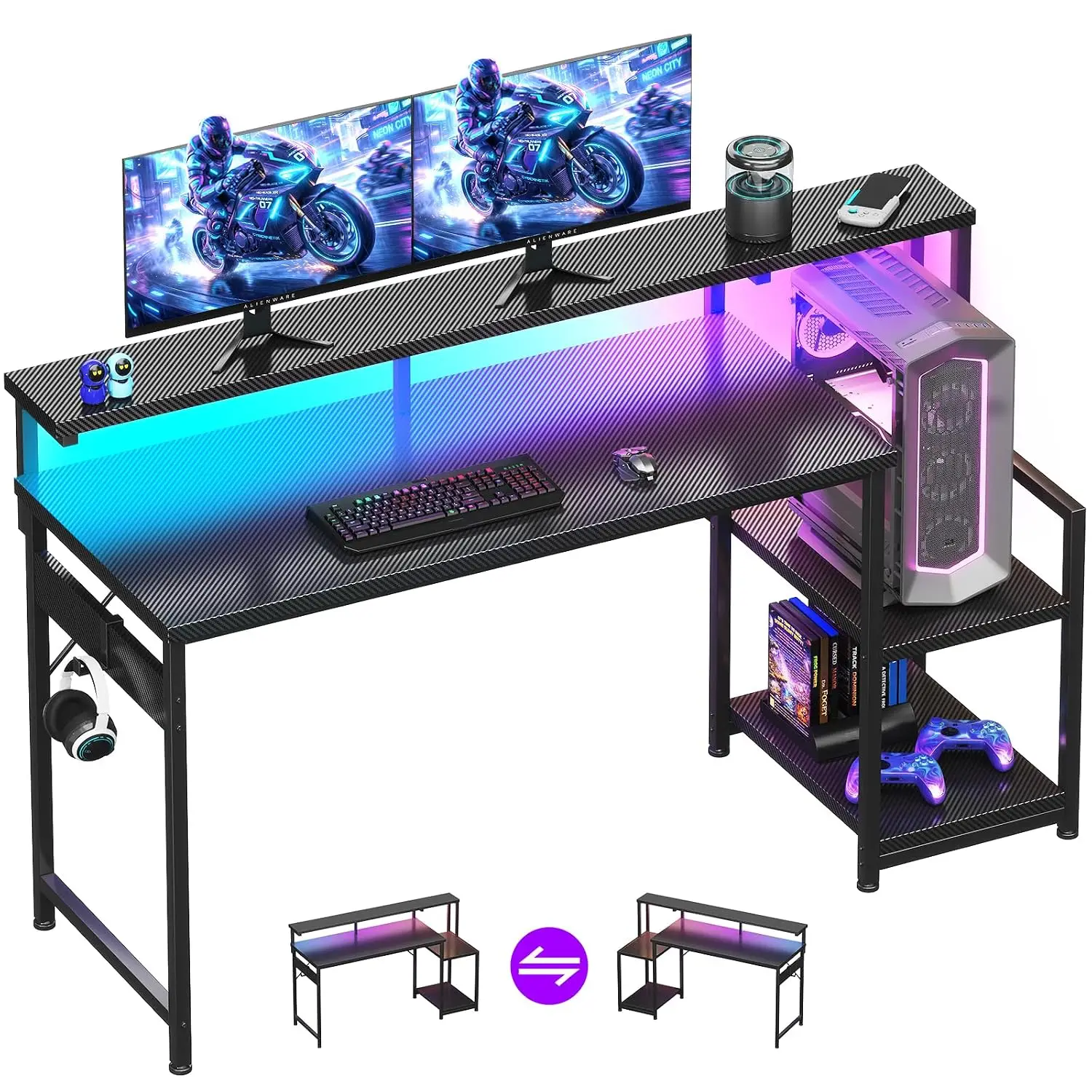 55 Inch Gaming Desk with LED Lights & CPU Stand, Carbon Fiber Black, Customized