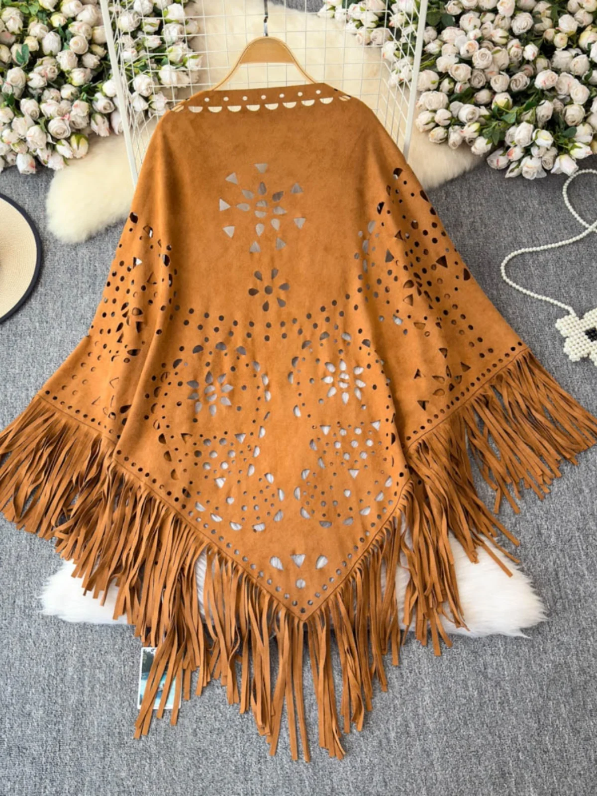 

Ethnic Sle Suede oulder Wrap Cardigan Coat Hollow out Tassel Loose Fit Slimming Outerwear Women's Commute Faion