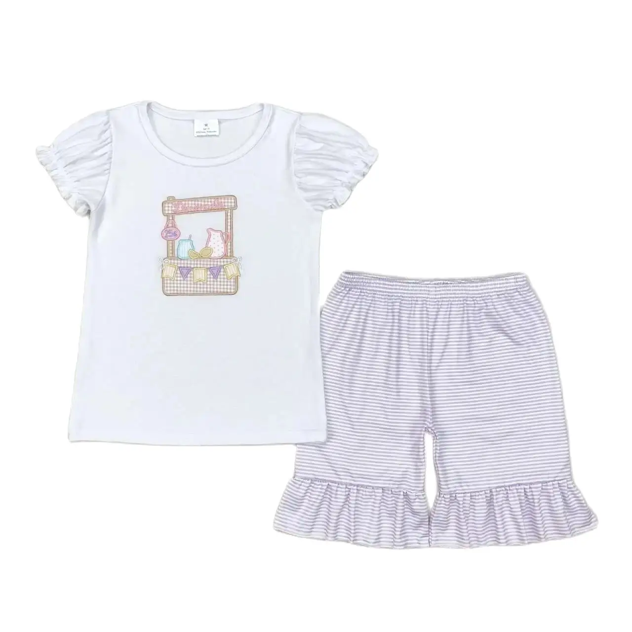 GSSO1240 Kids  Girls Summer Outfit  Sets Short Sleeves Top Embroidered Lemonade Stand Bunting Print With Shorts Children Clothes