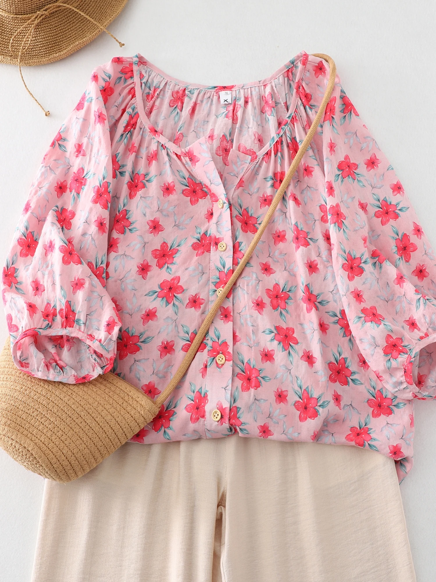 Retro Floral Cotton Linen Shirt Women Loose Meat Cover Lantern Sleeve Doll Shirt Trendy V-neck Print Commute Style Regular Sl...