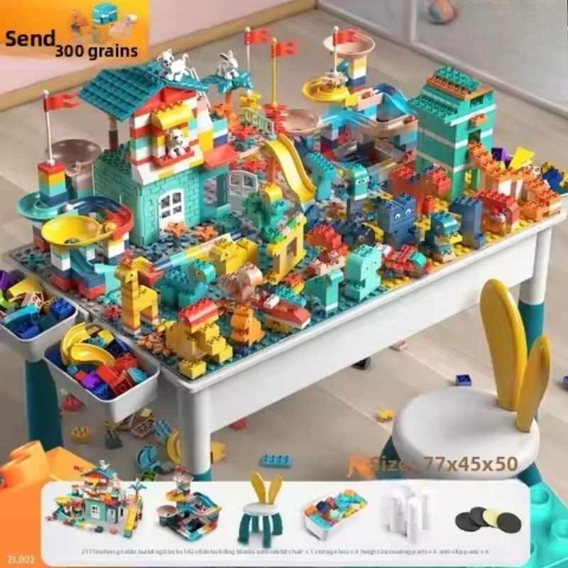 Punch type large foldable slide plastic multi-functional brick table building block table and chair set