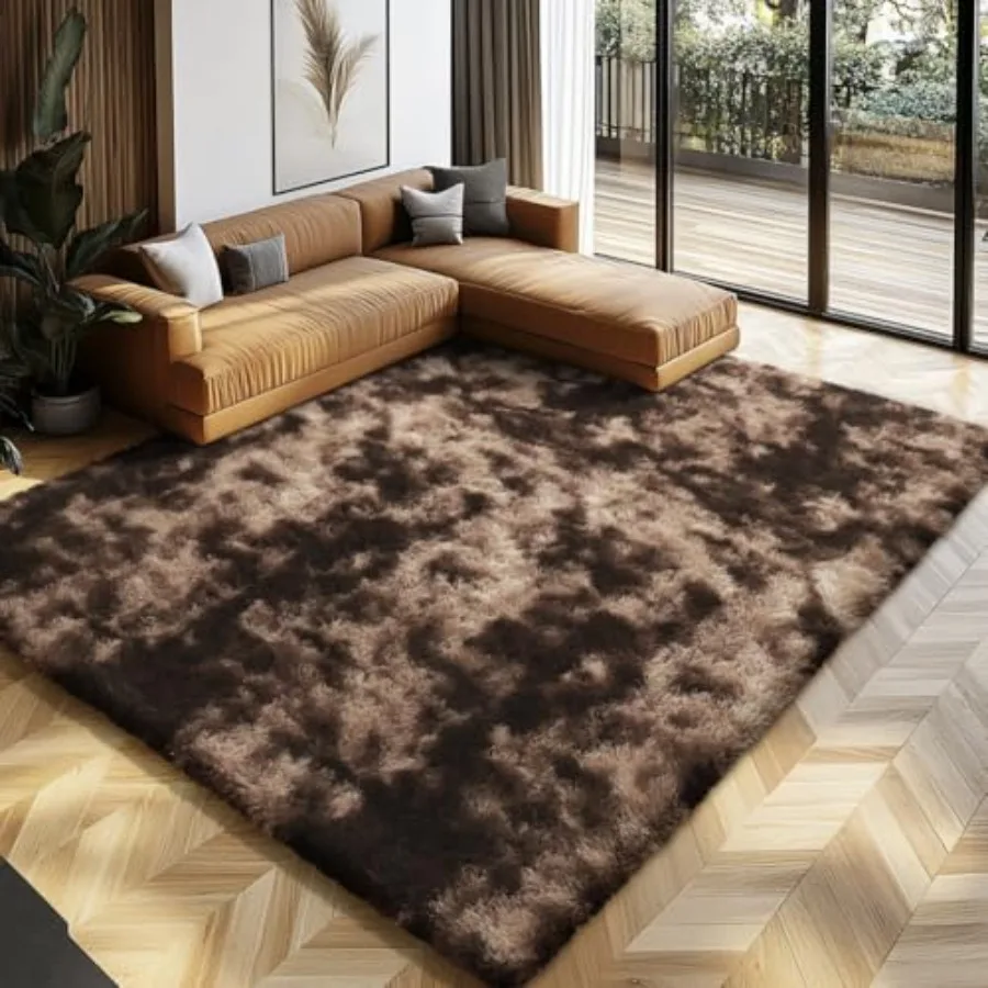 

Shag area rugs for bedroom and living room use, ultra-soft fluffy 8X10 indoor carpet in mottling brown, ideal for dorm, nursery