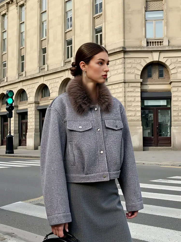 

Autumn New Women Faux Fur Lapel Jacket Casual Solid Long Sleeve Single Breasted Cropped Coats Ladies' Elegant Fashion Outwear