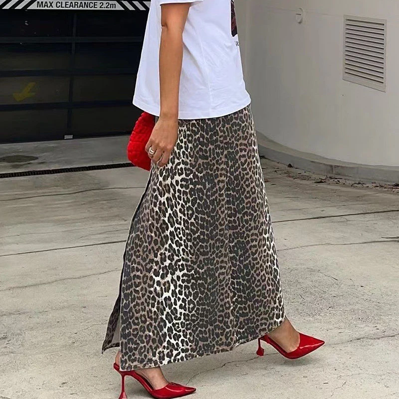 Deeptown Leopard Print Long Skirt Women Vintage Sexy Y2k Streetwear Midi Skirts Fashion High Waist Retro Casual Slit Denim Skirt