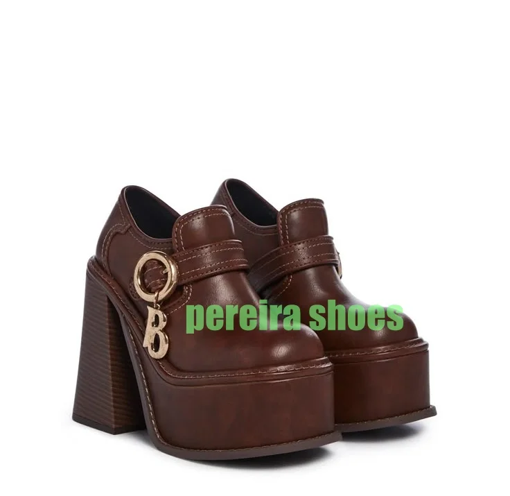 

Lady Brown Platform Chunky Heel Pumps Vintage Mary Janes Footwear Runway Metal Design Retro Slipper Pumps Shoes Size 34-46