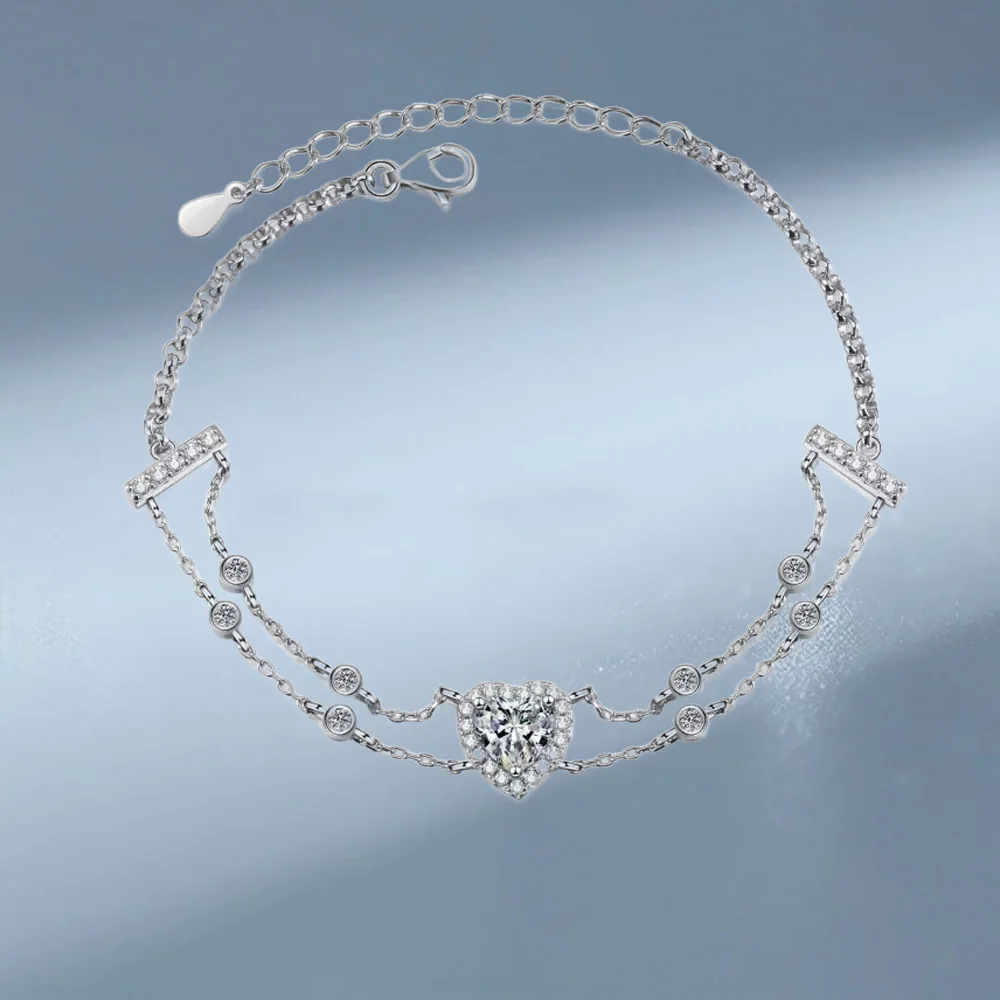

Handmade 1CT Moissanite Heart-shaped Bracelet, Women Wedding Platinum Pt950 Wrapped Hand Jewelry Sweet and Lovely Birthday Gift