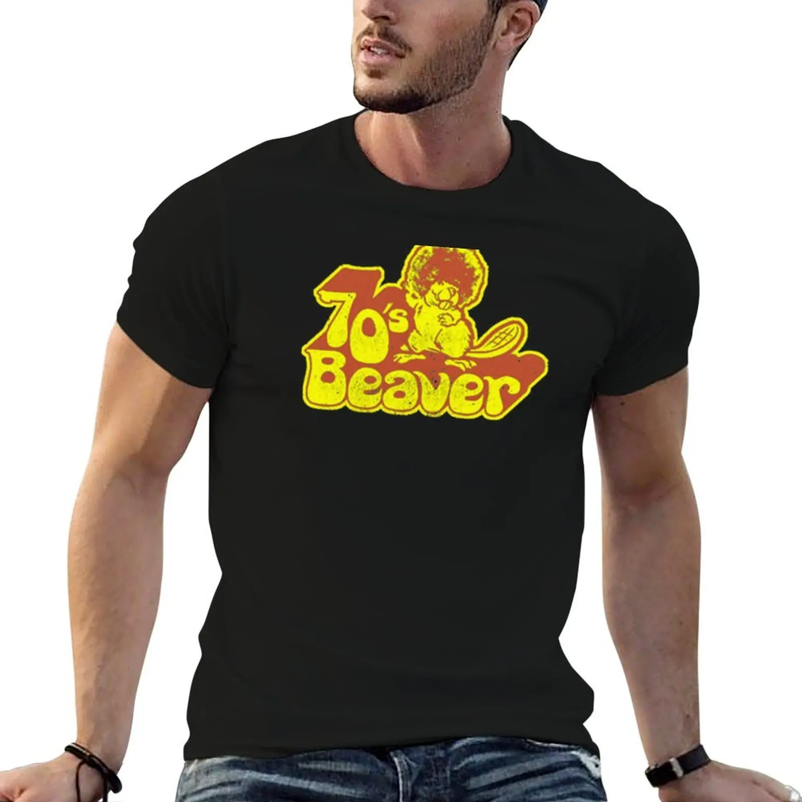 Camiseta azul de los años 70 con estampado de castor, ropa de hombre, camisetas deportivas para hombre.