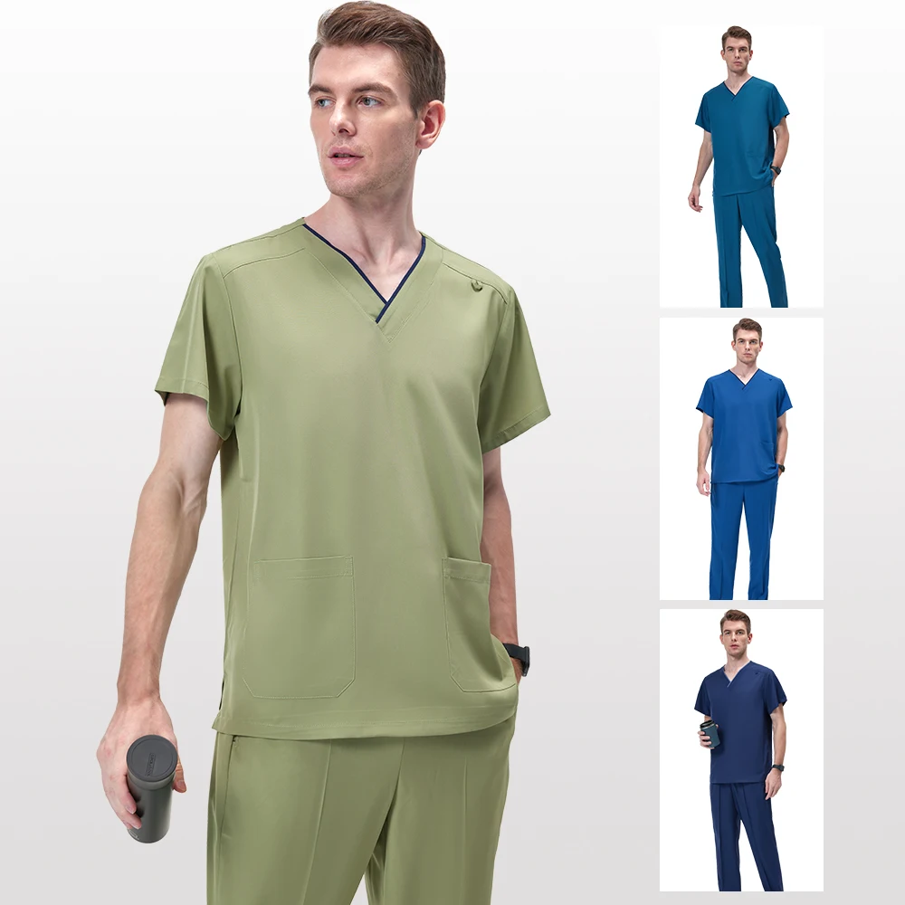 Spring Mint Scrub Jumpsuit V-neck Medical Nursing Uniforms for Man Lab Hospital Quick-dry Breathable Scrub Suits S13-01