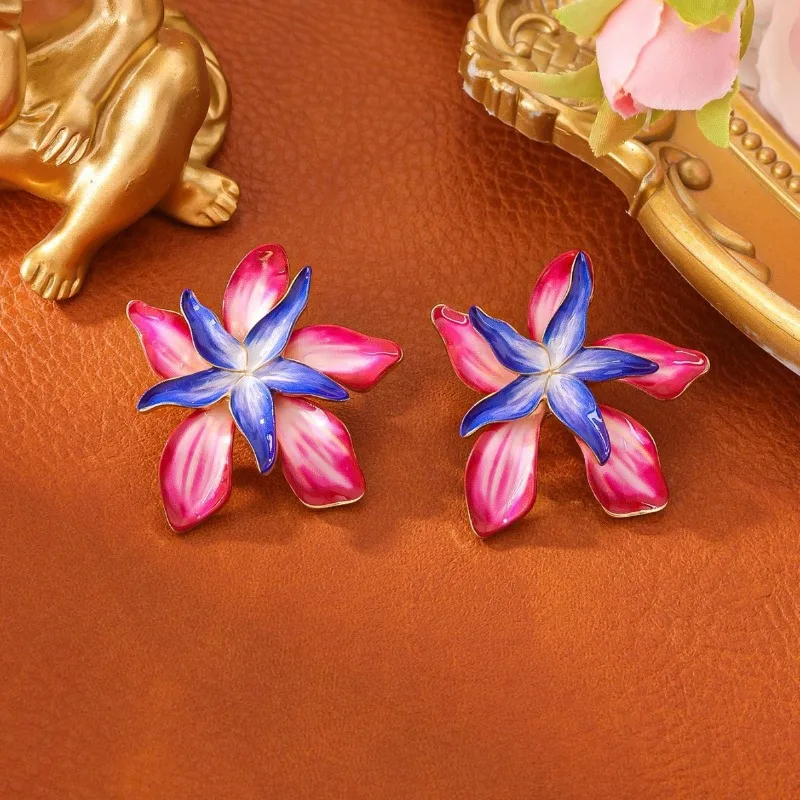 

New Bohemia Big Flower Earrings Contrasting Color Iris Earrings Simple Vacation Vintage Handmade Enamel Painted Flower Earrings