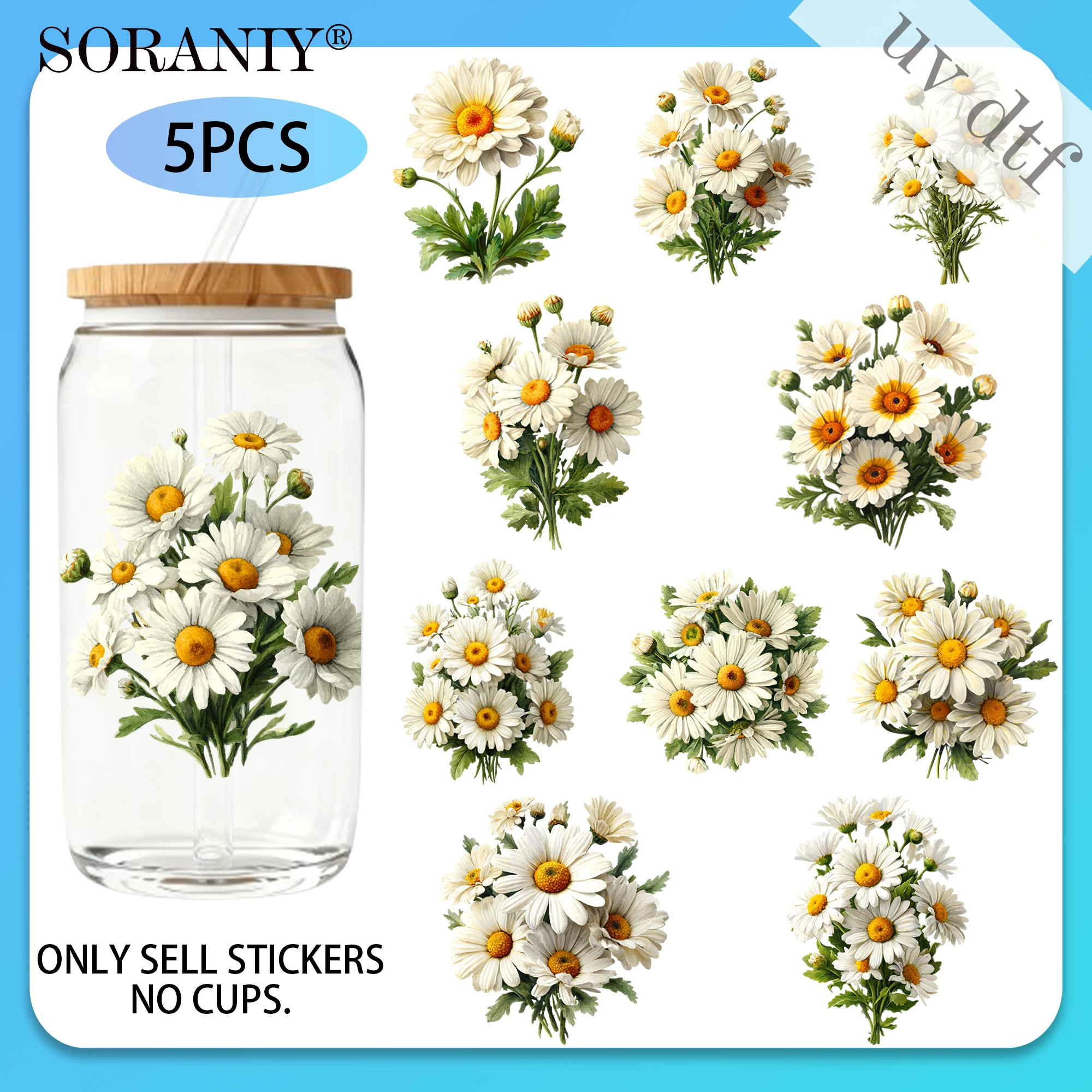 Autocollants de transfert UV DTF 16OZ DIY - 5 pièces/ensemble, thème vie de camping, fleurs mignonnes en aquarelle