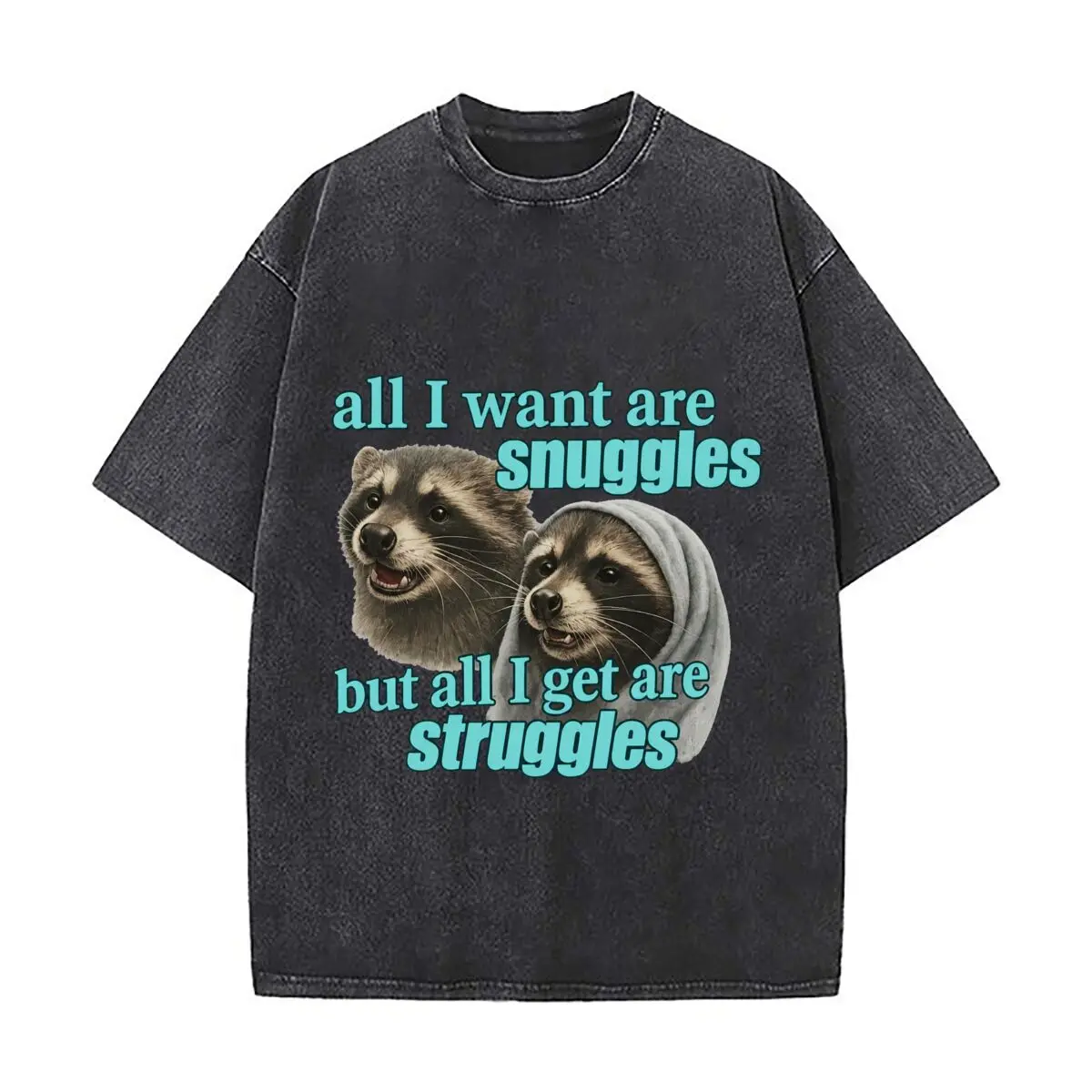 Todo lo que quiero son abrazos, pero lo único que obtengo son peleas. Camisetas holgadas y descoloridas de estilo urbano con estampado de mapaches para pasar el rato en el parque.