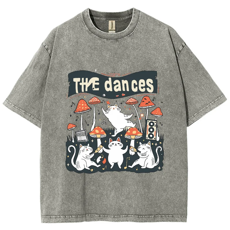 Kitten Print T-Shirt With Mushrooms Dancing In The Rain Retro Neutral Style Round Neck Pullover Loose Shoulder Short Sleeves