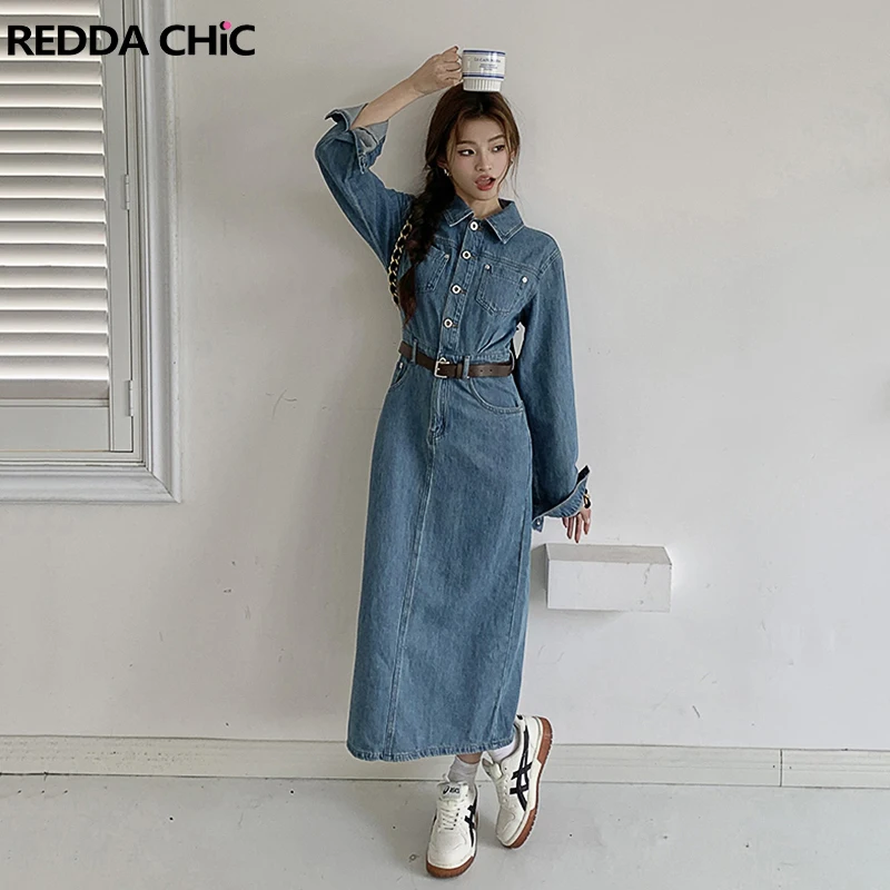 REDDACHiC Women Long Sleeves Denim Shirt Dress Polo Neck Button Down Split Solid Cowgirl Midi Long One-piece Casual Workwear