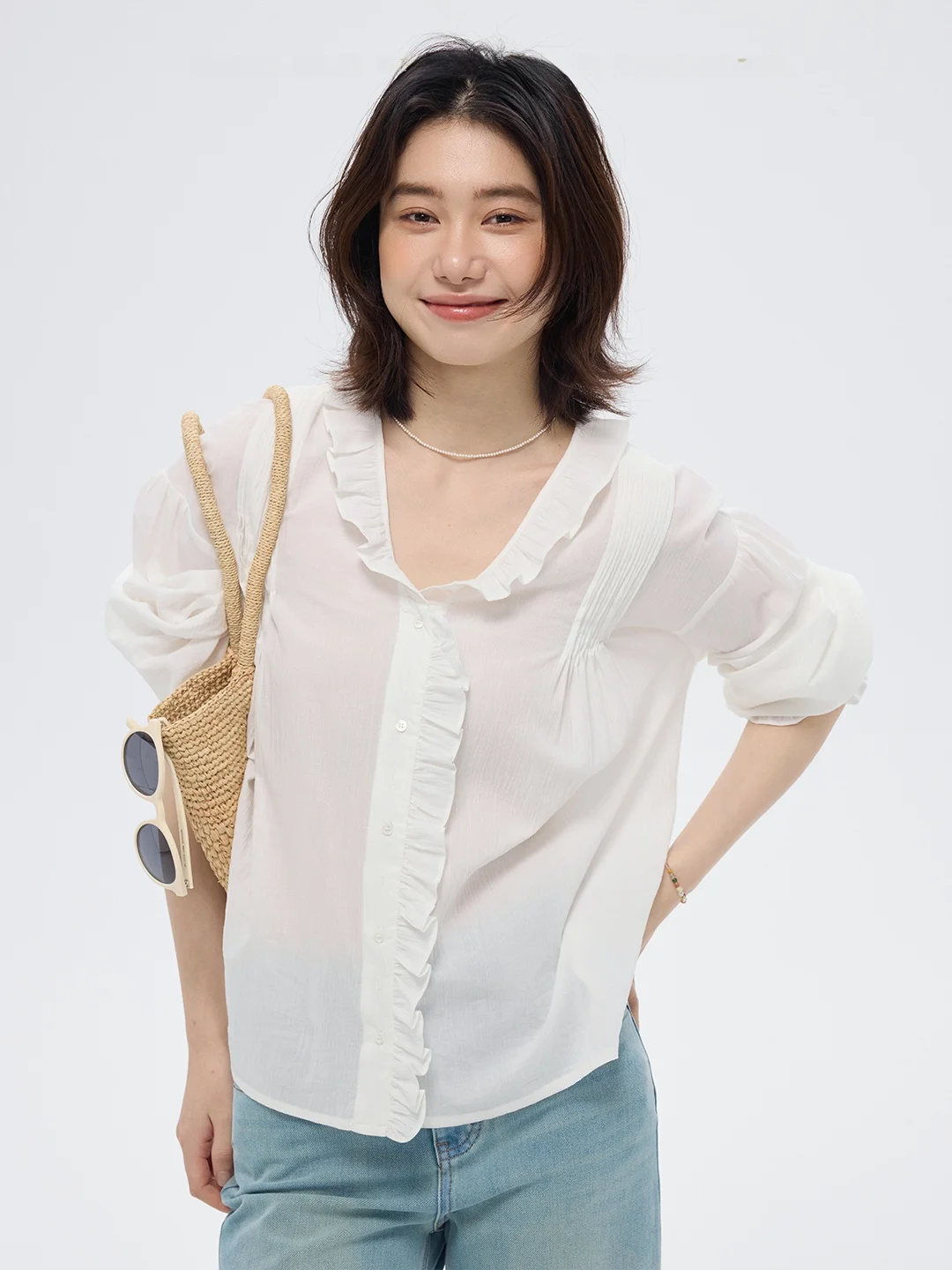 

GOOZA Casual White irt Women's Summer Long Sve Loose Fit French Sle Cotton Breathable Button up Casual Blouse