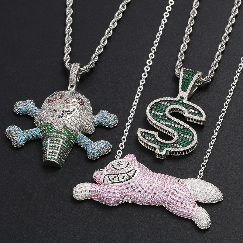 Iced Out Skull Pendant Necklace, Full CZ Cartoon Charm, Hip Hop Rapper Jewelry, Twisted Rope Chain Accessory