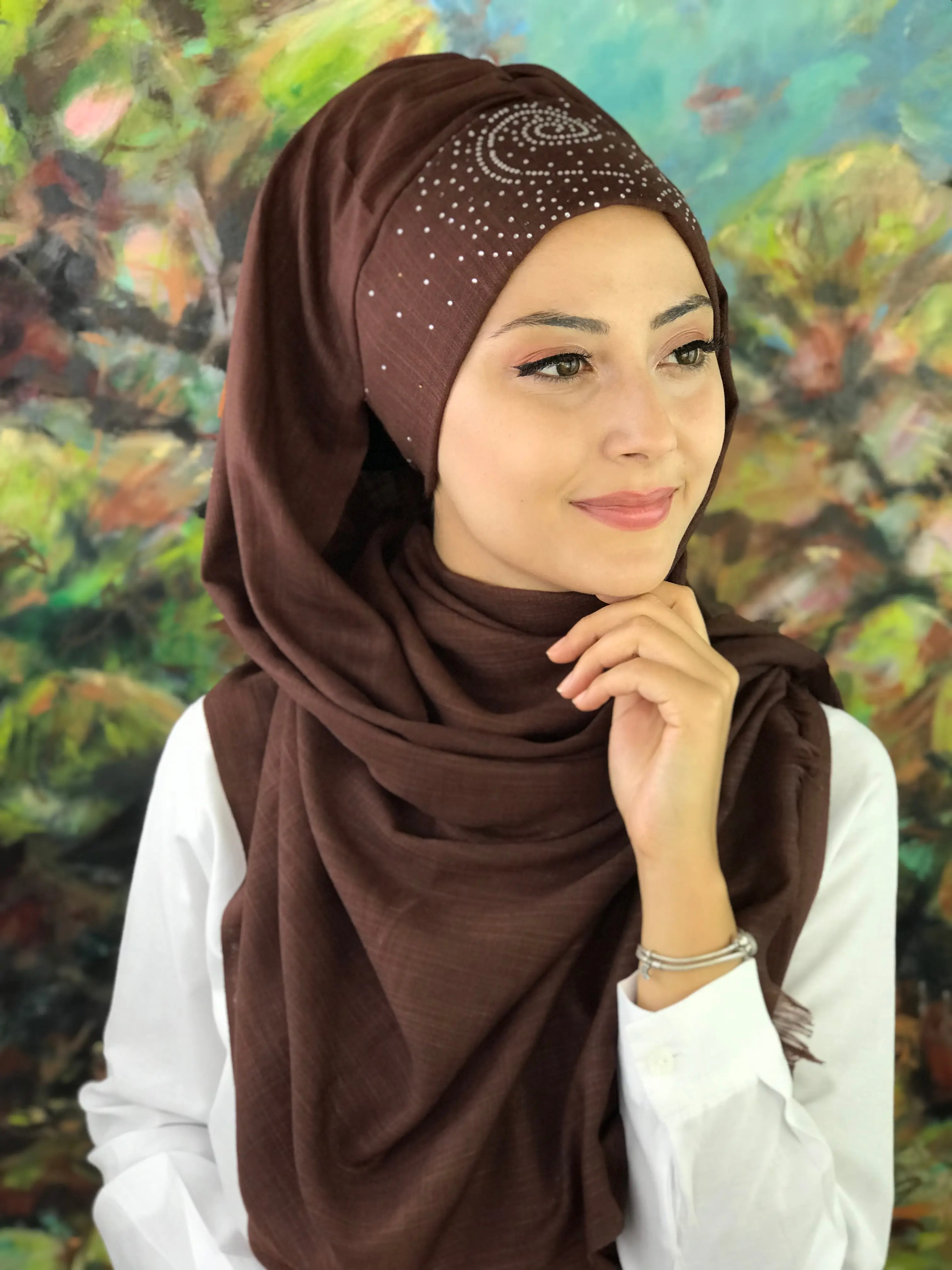 2021 New Fashion Hijab Women Muslim Islamic Turban Scarf Hat Foulard Single Spiral Pattern Dark Brown Ready Made Shawl