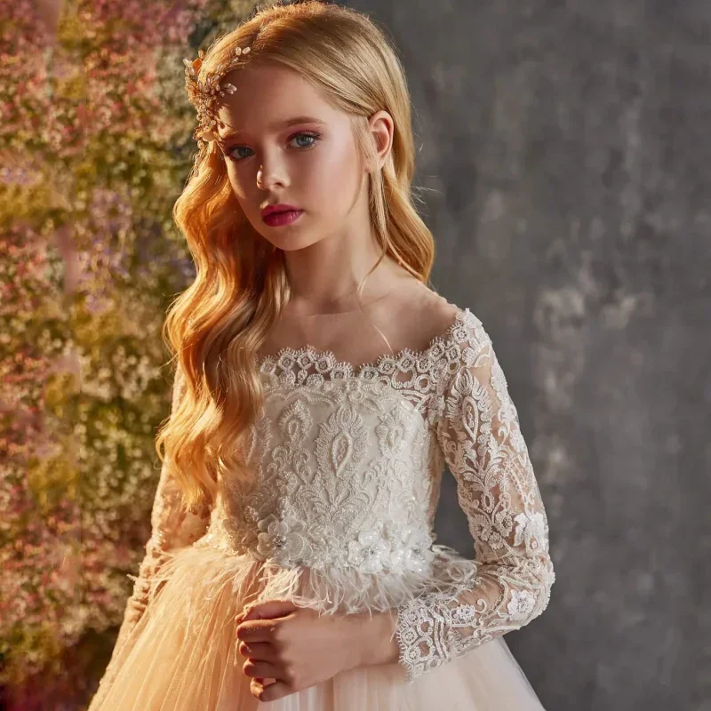 Champagne White Pattern Appliques Long Sleeve For Wedding Birthday Party Banquet Princess Gowns Customized Flower Girl Dresses