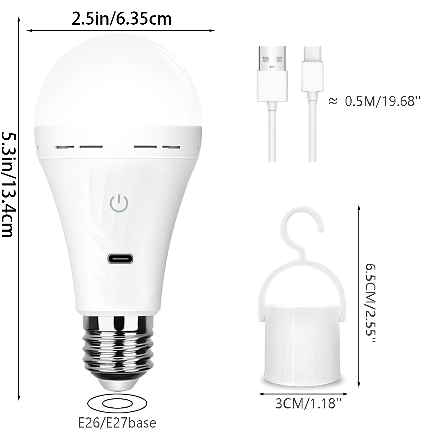 E27 Cordless USB Rechargeable Light Bulbs with Remote Control, 2200mAh Battery Operated Light Bulb for Lamps, Dimmable/Timer