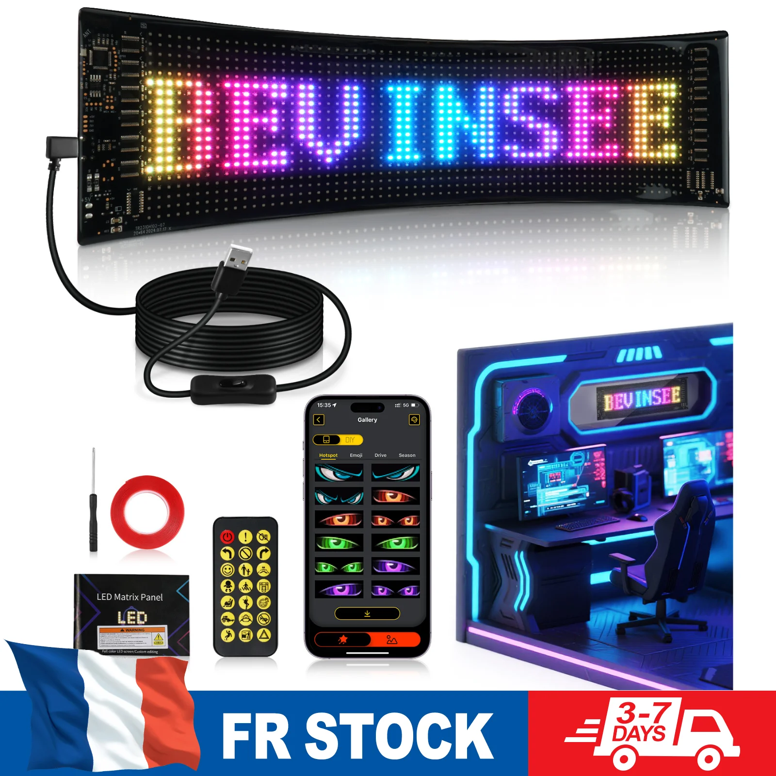 Affichage LED sur pare-brise de voiture, commande à distance par application, panneau matriciel LED programmable, animation de texte personnalisée, lumière ambiante, 5V universel