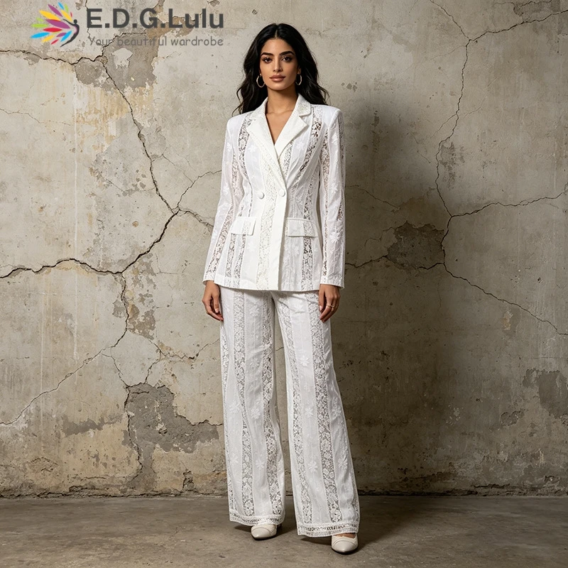 

EDGLuLu Fashion Casual Two Piece Set 2026 New Lace Embroidery See Through Shirt Top+ High Waisted Pants White Suit 0511