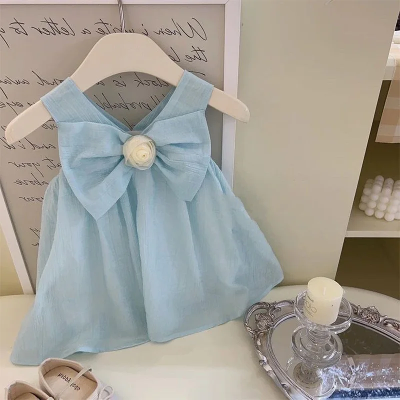 Summer Cotton Bow Solid Color Suspender Baby Girl Dress Korean Version Blue Girl Princess Dress